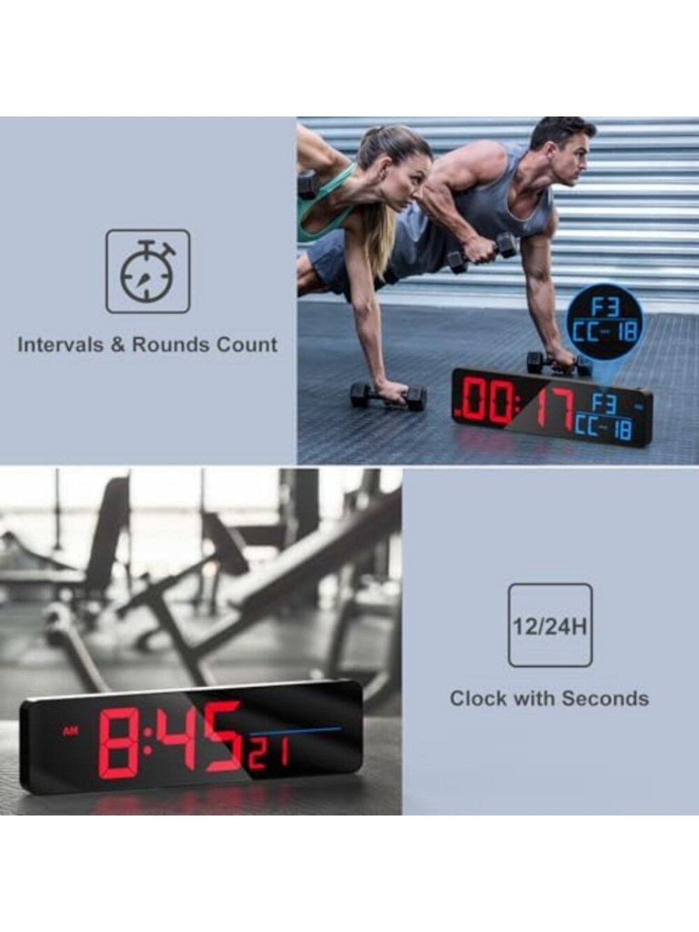Large LED Gym Timer Clock - Digital Workout Countdown, Stopwatch, Remote - Picture 4 of 7
